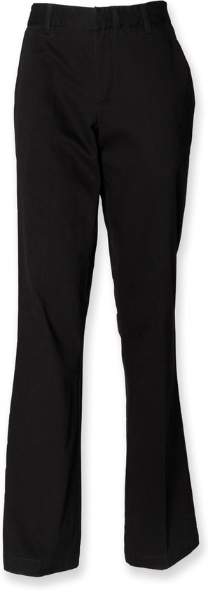 Pantalon chino noir pour femme, coupe droite devant et jambes évasées.