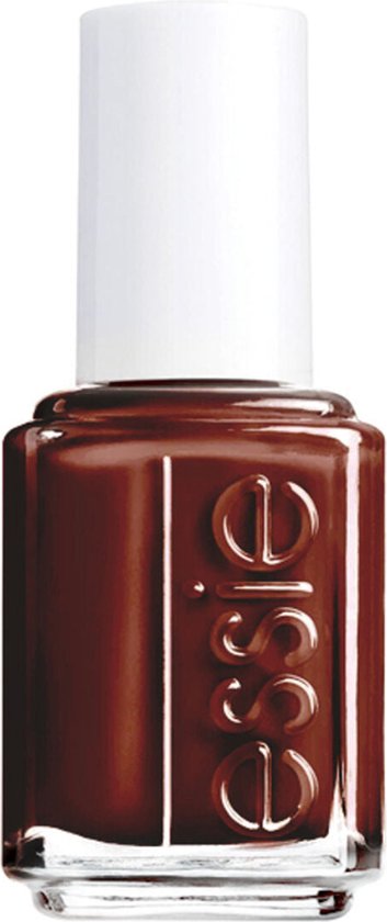 Flesje Essie nagellak in de kleur donkerbruin, met witte dop.