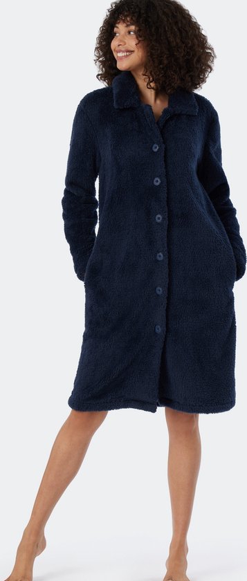 SCHIESSER Essentials badjas - dames kamerjas teddyfleece donkerblauw - Maat: S