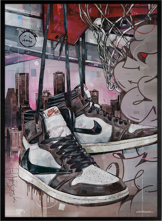 Sneaker print high - black laces basket 51x71 cm *ingelijst & gesigneerd