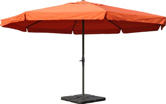 Parasol Meran Pro, horeca marktparasol met vouw Ø 5m polyester/aluminium 28kg ~ terracotta met voet