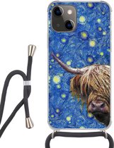 Hoesje met koord Geschikt voor iPhone 13 - Sterrennacht - Van Gogh - Schotse hooglander - Siliconen - Crossbody - Backcover met Koord - Telefoonhoesje met koord - Hoesje met touw