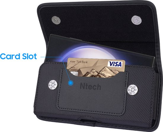 Holster de téléphone noir avec fente pour carte de crédit, marque Ntech et texte 'Card Slot'.