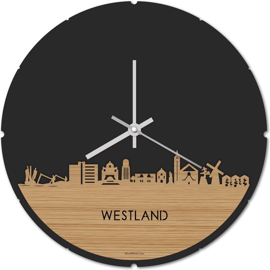 Skyline Klok Rond Westland Bamboe hout - Ø 44 cm - Stil uurwerk - Wanddecoratie - Meer steden beschikbaar - Woonkamer idee - Woondecoratie - City Art - Steden kunst - Cadeau voor hem - Cadeau voor haar - Jubileum - Trouwerij - Housewarming -