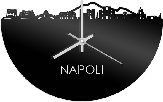 Skyline Klok Napoli Zwart Glanzend - Ø 40 cm - Stil uurwerk - Wanddecoratie - Meer steden beschikbaar - Woonkamer idee - Woondecoratie - City Art - Steden kunst - Cadeau voor hem - Cadeau voor haar - Jubileum - Trouwerij - Housewarming -