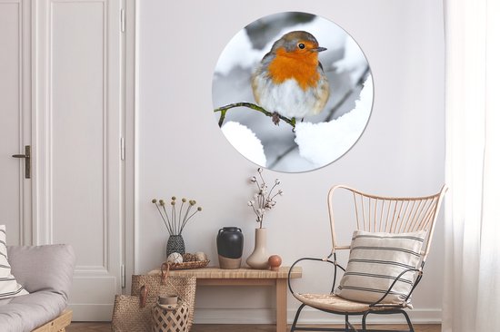 WallCircle - Stickers muraux - Cercle de papier peint - Robin - Neige - Hiver - 120x120 cm - Cercle mural - Autocollant - Papier peint autocollant rond XXL