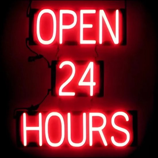 OPEN 24 HOURS - Lichtreclame Neon LED bord verlicht | SpellBrite | 53 x 60 cm | 6 Dimstanden - 8 Lichtanimaties | Reclamebord neon verlichting