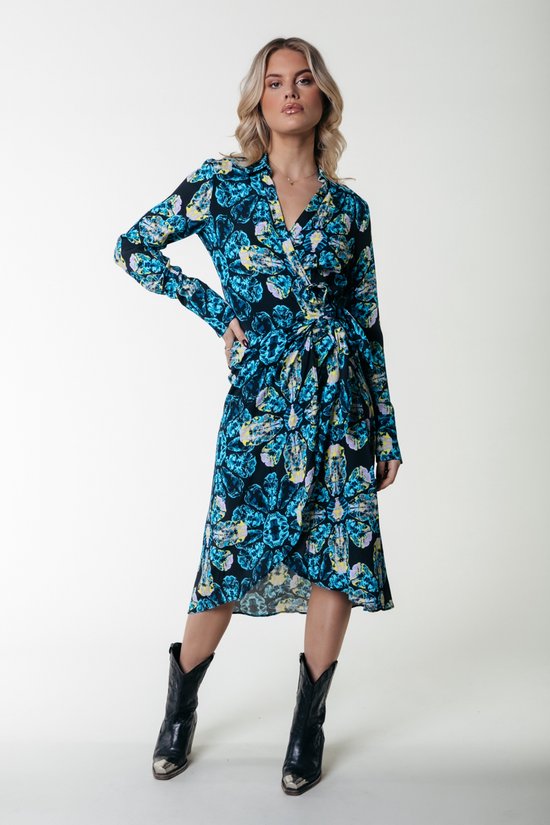 Colourful Rebel Lea Digital Flower Wrap Midi Dress LS - M