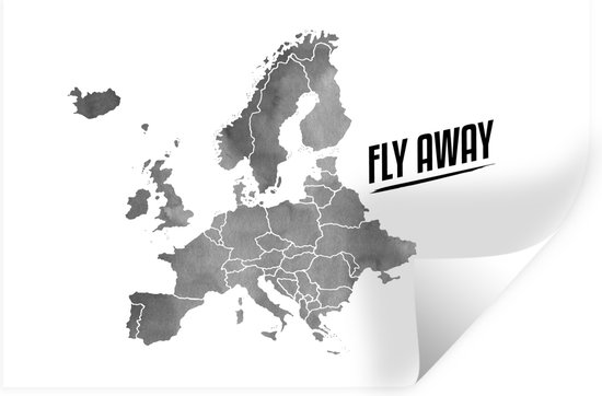 Muurstickers - Sticker Folie - Europakaart in grijze waterverf met de quote "Fly away" - zwart wit - 30x20 cm - Plakfolie - Muurstickers Kinderkamer - Zelfklevend Behang - Zelfklevend behangpapier - Stickerfolie