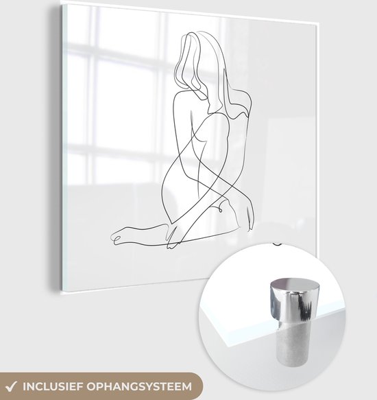 MuchoWow® Glasschilderij 90x90 cm - Schilderij acrylglas - Line art elegante naakte vrouw vierkant - Foto op glas - Schilderijen