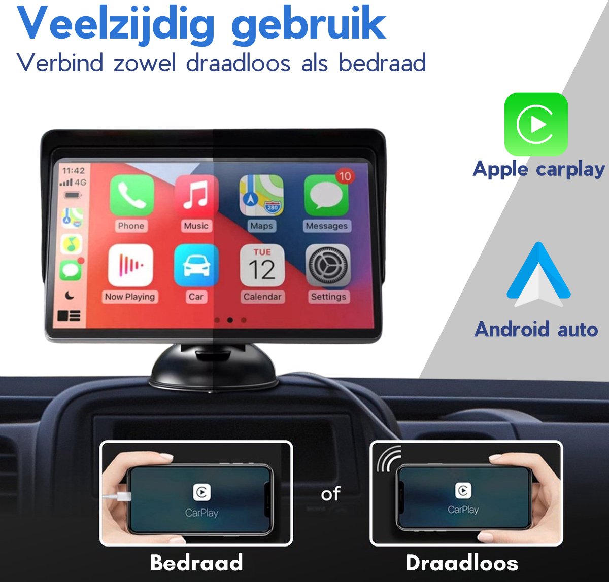 Hodozzy 11,26 inch spiegel dashcam Apple Carplay Android Auto Bluetooth, 170° WDR waterdicht nachtzicht voor- en achteruitrijcamera, IPS touchscreen, 64G SD-kaart