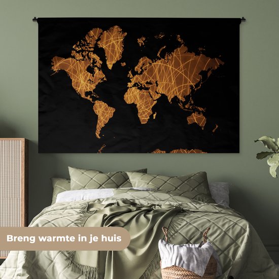 Tapisserie Cartes du monde Illustrations de Noël - Carte du monde marron avec des lignes dorées sur fond noir Tapisserie en coton 180x120 cm - Tapisserie avec photo