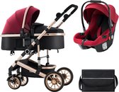 HandyHaven® - Kinderwagen 3 in 1 - Baby - Luxe Wandelwagen - Rood - Goud - Zwart - Multifunctioneel - Verstelbaar - Draagbaar - Opvouwbaar - Met autostoeltje - Voorwielen 360° - Hoogte 83/112cm - Duurzaam