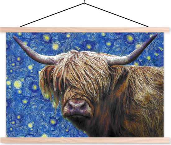 Foto: Posterhanger incl poster schoolplaat schotse hooglander sterrennacht van gogh 150x100 cm blanke latten