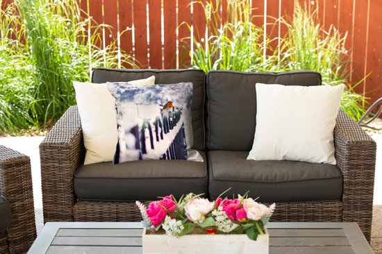 Coussins d'extérieur - Jardin - Rouge-gorge sur clôture enneigée - 45x45 cm