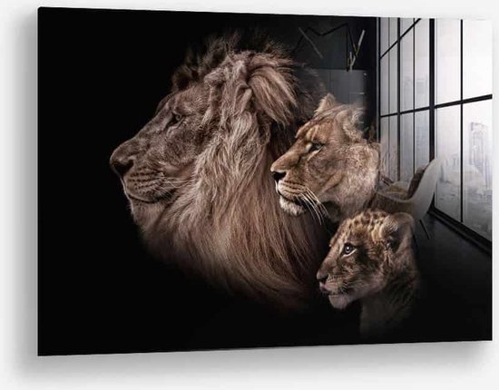 Wallfield™ - Lion Family | Glasschilderij | Gehard glas | 80 x 120 cm | Magnetisch Ophangsysteem