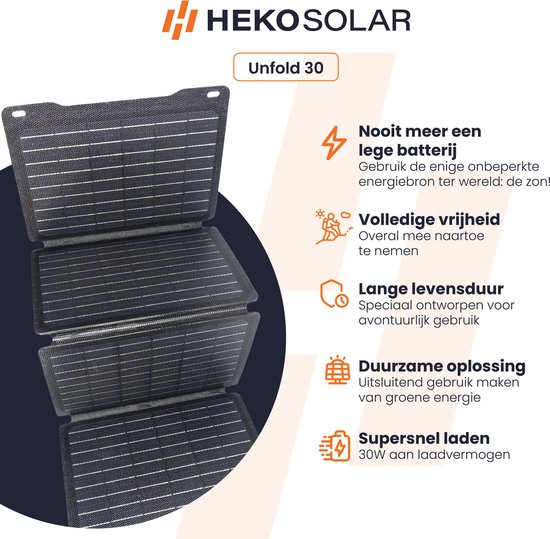 HEKO Solar® Solar Panel Unfold 30 - Opvouwbaar - Draagbaar Zonnepaneel - 30W - Werkt Met Powerbank - Noodpakket - Solar Panel Op Zonne-energie - Outdoor - Geschikt voor Samsung S21/S22/S23/S24 - Geschikt voor Iphone 12/13/14/15 van HEKO Solar® — afbeelding 4