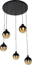 QAZQA haicha - Industriele Hanglamp voor boven de eettafel | in eetkamer - 5 lichts - Ø 70 cm - Zwart Goud - Industrieel - Woonkamer | Slaapkamer | Keuken