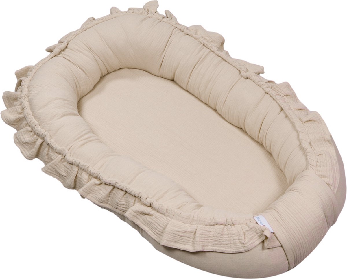 MamaLoes - Katoenen Babynestje - Ruffle Design - Ecru - Zacht Babynest met Koordjes & Drukkers - Newborn Nest - 85x50 cm - Vanaf 0 Maanden