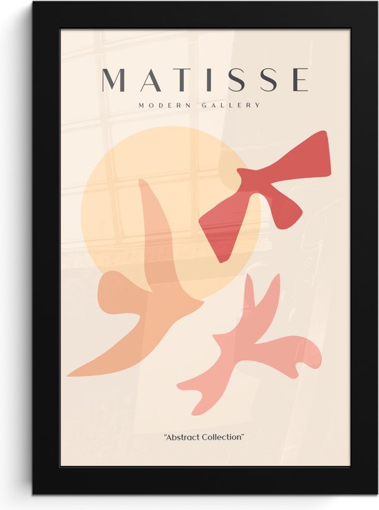 Affiche Matisse Modern Gallery avec des formes abstraites dans des tons pastel et des accents rouges, encadré dans un cadre noir.