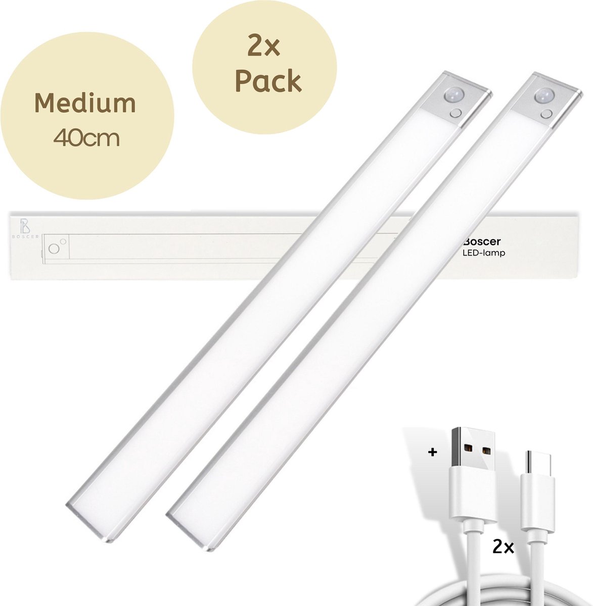Boscer Led Lamp - 40 CM - 2-Pack - Bewegingssensor - Lichtsensor - Magnetisch - USB-C Oplaadbaar - Trapverlichting - Keukenlamp - Nachtlamp - LED Strip