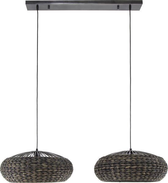 Lampe suspendue disque en jacinthe d'eau | 2 lumières | nickel noir | 115x50cm | hauteur réglable jusqu'à 150 cm | salle à manger salon | conception organique