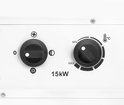 Close-up van het bedieningspaneel met instelbare draaiknoppen voor 15kW vermogen, ventilator- en temperatuurmodus.