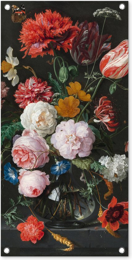 Tuinposter Stilleven met bloemen in een glazen vaas - Schilderij van Jan Davidsz. de Heem - 40x80 cm - Wanddecoratie Buiten - Tuinposter - Tuindoek - Schuttingposter - Tuinschilderij