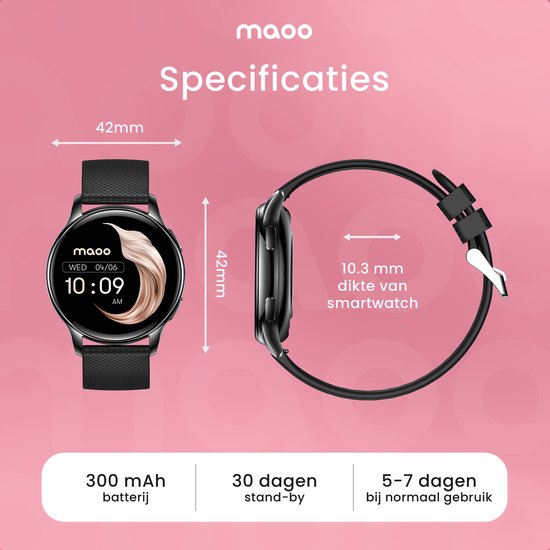Maoo Ventura AMOLED Smartwatch Dames - RVS en 4x Siliconen Bandje - Stappenteller - Hartslagmeter - Slaapmonitor - Multisport - Geschikt voor Android en iOS - Zwart