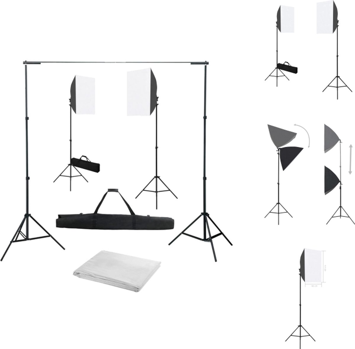 vidaXL Studioset Achtergrond Softboxlamp - 300 x 300 cm - Stabiel statief - Wit katoen - Fotostudio Set