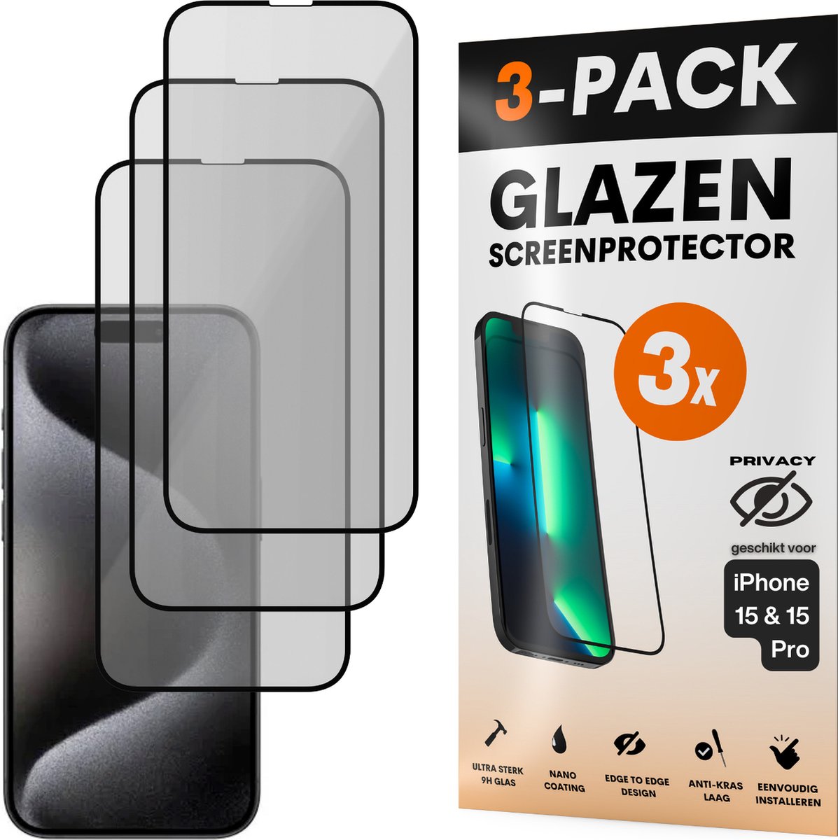 Privacy Screenprotector - Geschikt voor iPhone 15 / 15 Pro - Gehard Glas - Full Cover Tempered Privacy Glass - Case Friendly - 3 Pack