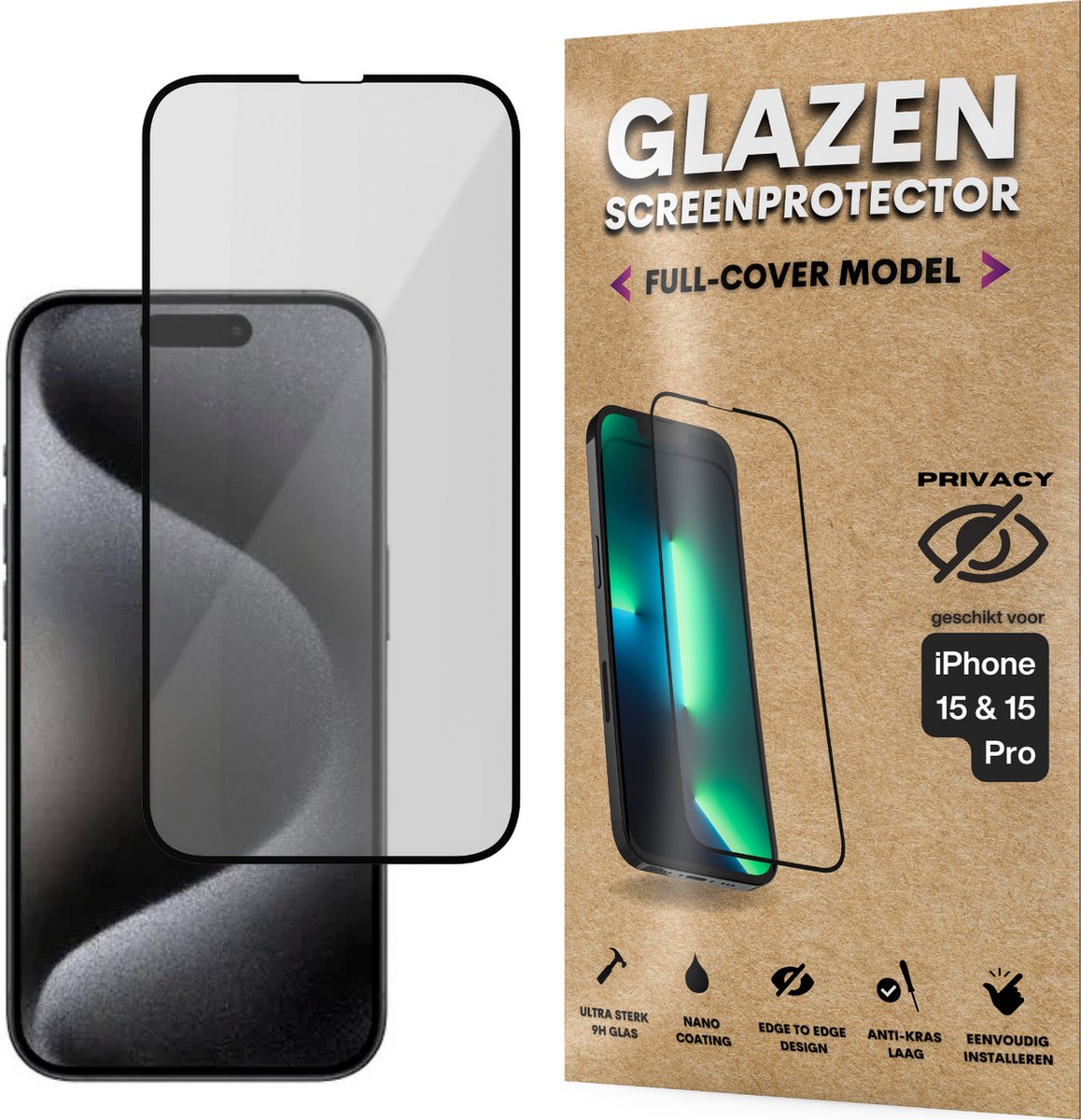 Privacy Screenprotector - Geschikt voor iPhone 15 / 15 Pro - Gehard Glas - Full Cover Tempered Privacy Glass - Case Friendly
