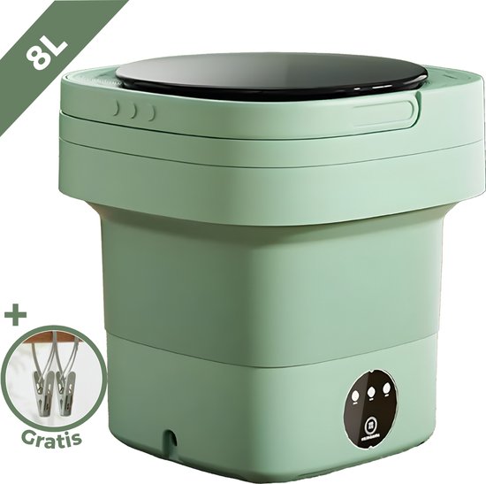 Mini wasmachine 8L – opvouwbaar met centrifuge – groen + hangknijpers