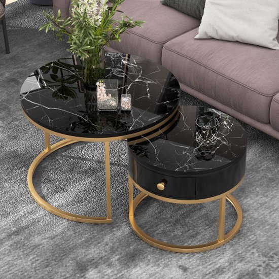 DEYARNA HOME Set van 2 ronde uitschuifbare salontafels met dienblad van technisch keramiek (niet van MDF), ideale bijzettafels voor woonkamer, slaapkamer, balkon (wit zwart/80 cm DEYARNA HOME Set van 2 ronde uitschuifbare salontafels met dienblad van technisch keramiek (niet van MDF), ideale bijzettafels voor woonkamer, slaapkamer, balkon (wit zwart/80 cm