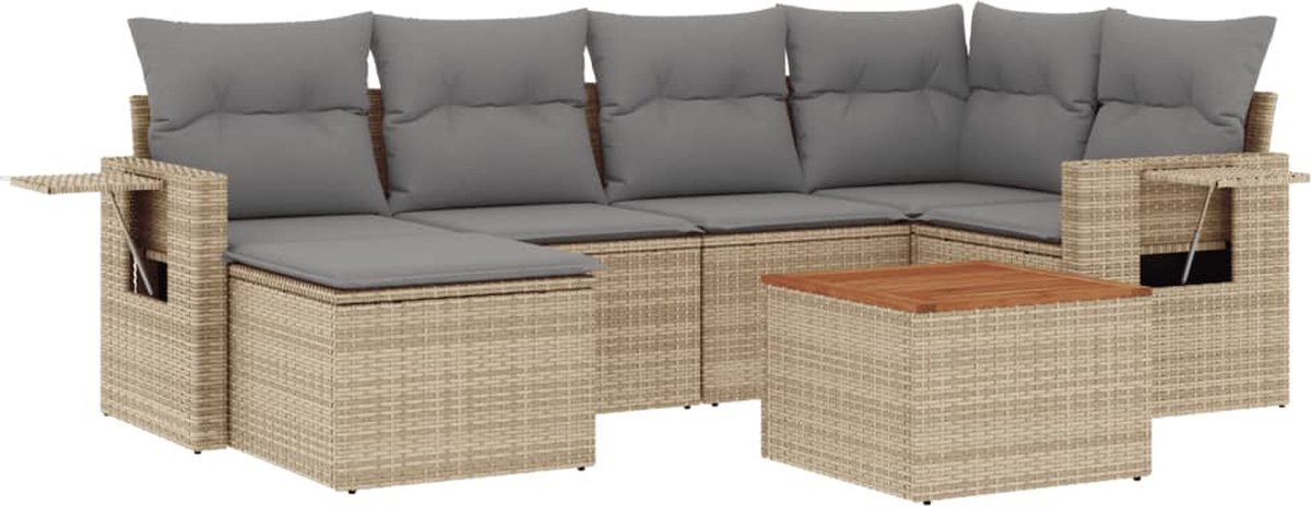 vidaXL 7-delige - Loungeset - met - kussens - poly - rattan - beige