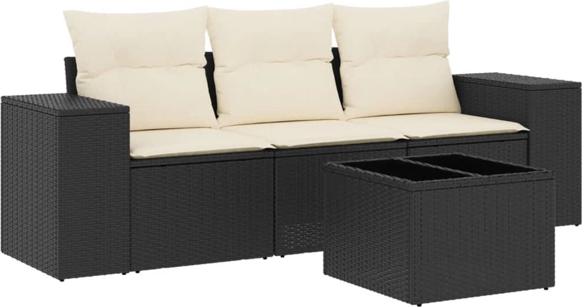vidaXL 4-delige - Loungeset - met - kussens - poly - rattan - zwart