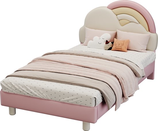 Merax 90x200cm Kinderbed - Regenboogwolk Bed - Eenpersoonsbed met PU-Bekleding en Houten Lattenbodem - Roze