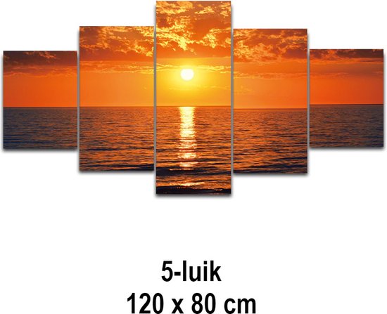 Allernieuwste.nl® 5-luik Canvas Schilderij * Rode Zonsondergang op Zee * - Kunst aan je Muur - Kleur - 5-delig - 80 x 120 cm