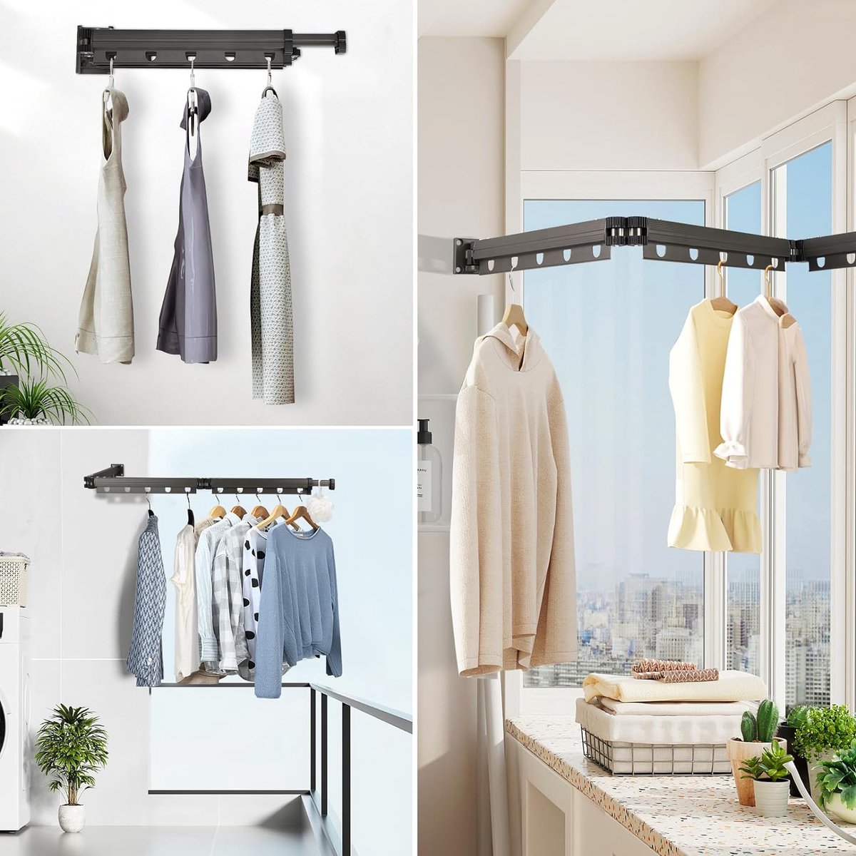 Droogrek, wandmontage, wasdroger voor aan de muur, uittrekbaar met 15 haken, inklapbaar, kledingstang, zuignap, ruimtebesparend droogrek, aluminium, 3-voudig kledingrek voor balkon, wasgoed, badkamer