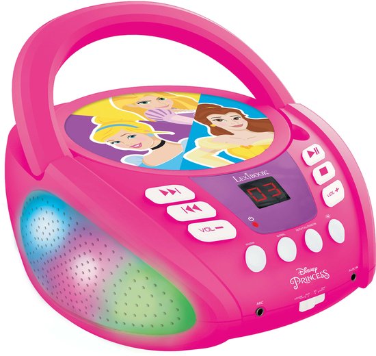 Roze Lexibook CD-speler met Disney Prinsessen op de bovenkant, handvat, bedieningsknoppen en gekleurde zijlichten.