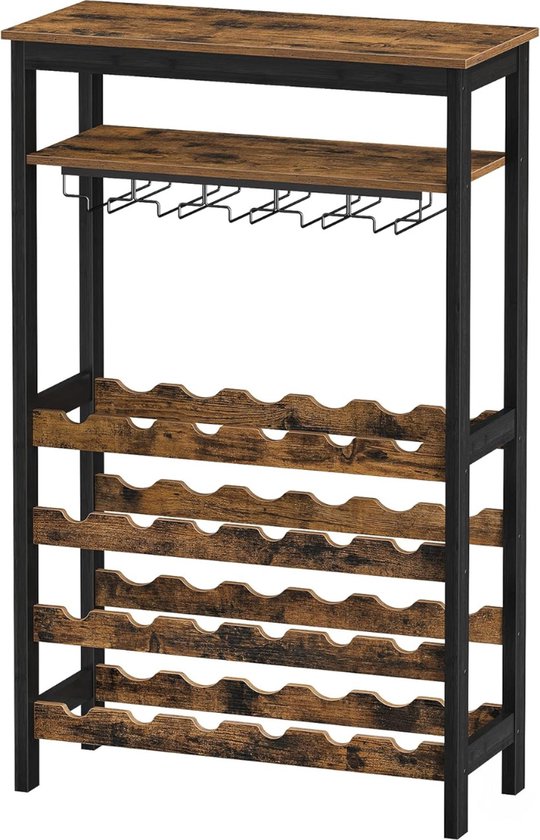 Industrieel wijnrek met zwart metalen frame, hout-look planken en glasophanging, staand model.