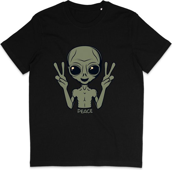 Grappig T Shirt Peace Alien - Heren en Dames - Zwart - M