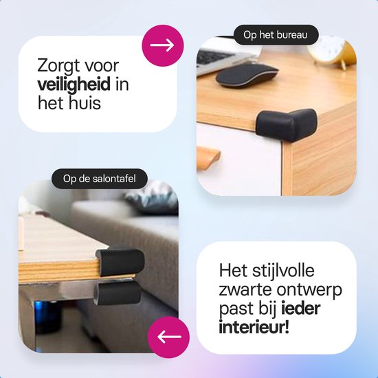 Zwarte hoekbeschermers op een bureau en salontafel, met tekst over veiligheid en stijlvol ontwerp.