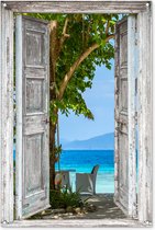 Affiche de jardin - Vue - Chaise de plage - Mer - Montagnes - Water - 80x120 cm - Toile de clôture - Peinture de jardin - Toile de jardin