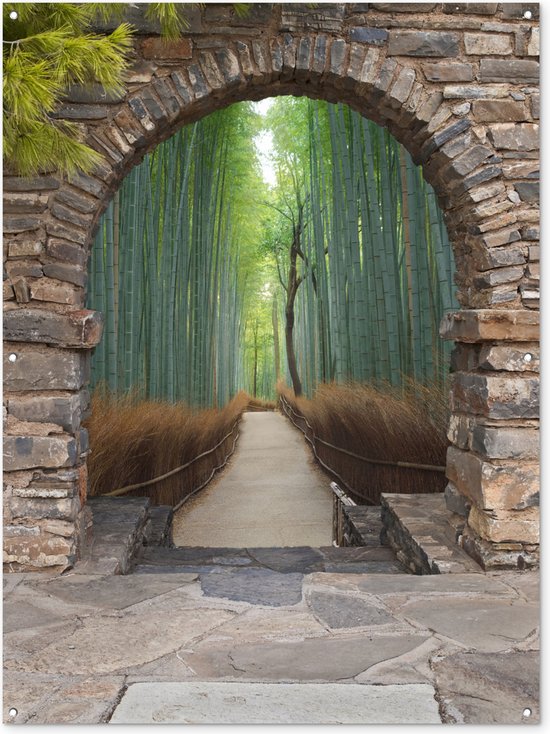 Tuinposter doorkijk - Bamboe - Bos - Pad - Japan - Poort - Tuinbanner - 120x160 cm - Tuindoek - Schuttingposter