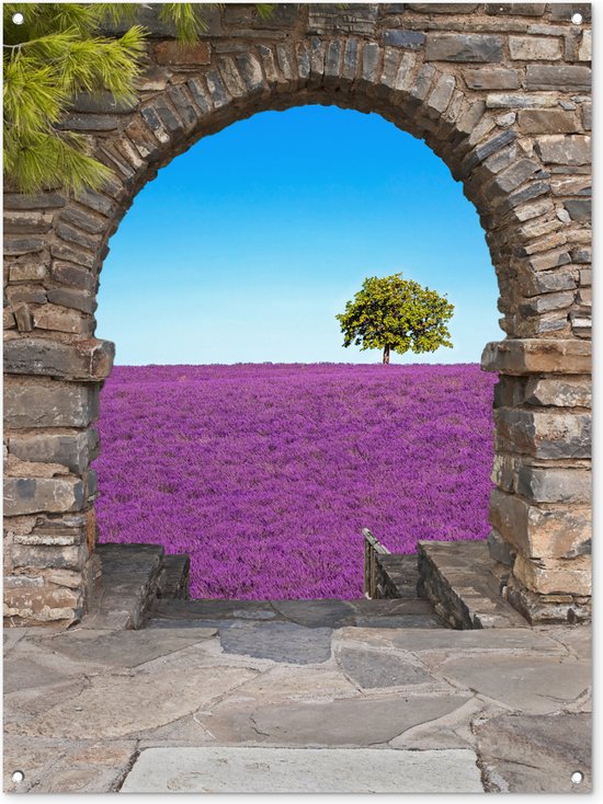 Affiche de jardin - Vue - Lavande - Arbre - Fleurs - Paysage - 90x120 cm - Décoration de clôture - Toile de jardin
