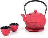 Service à thé en fonte, théière 1,1 l avec passoire amovible, théière avec dessous de verre et 2 tasses à thé, set au design vintage pour préparer du thé en vrac, rouge