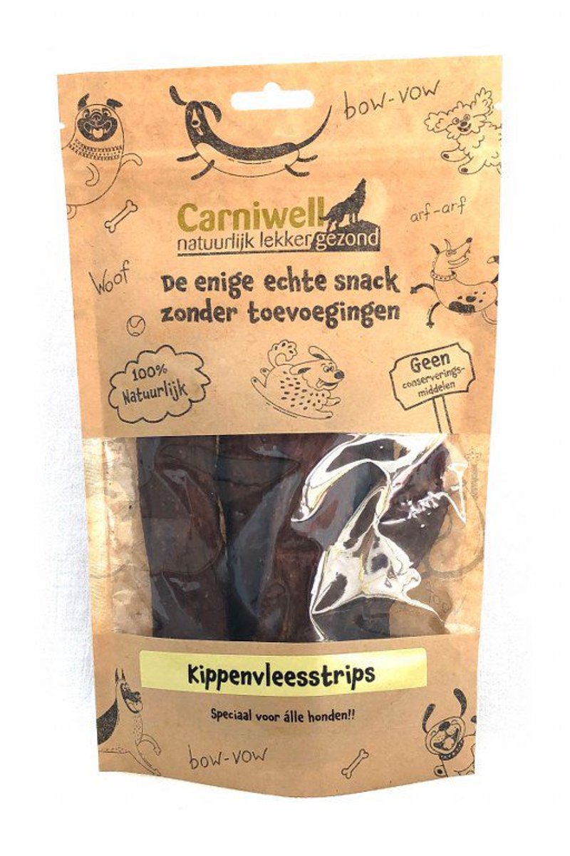 Carniwell - kippenvleesstrips - 100 Gram - Hypoallergeen Kauwsnack - Hondensnoepjes - natuurlijke hondensnacks kip