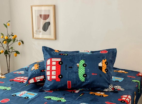 Hoeslaken van 100% polyester, voor kinderen, met cartoonprint, geschikt voor een boxspringbed, zacht hoeslaken, matrasbeschermer voor beddengoed, geschikt voor matrassen tot 30 cm hoog (blauwe auto, inclusief 2 kussenslopen).