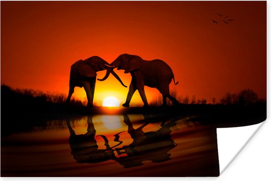 Poster Olifanten koppel bij zonsondergang - 120x80 cm